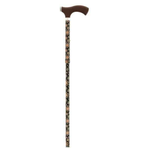 BASTÓN PLEGABLE DE ALUMINIO, PUÑO TACTO SUAVE MARRÓN TUBO FLORES BEIGE/ROJO
